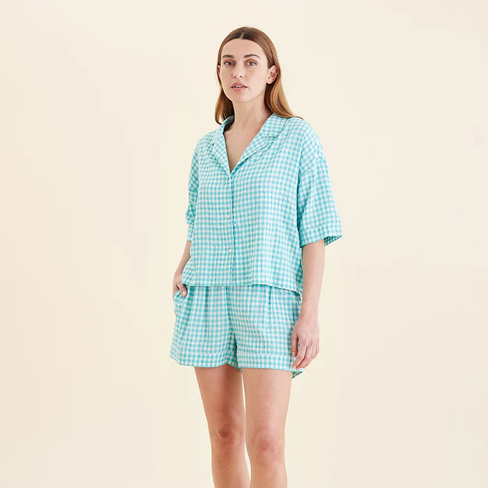 Seersucker Gingham Boxer PJ Set - Blue Turquoise