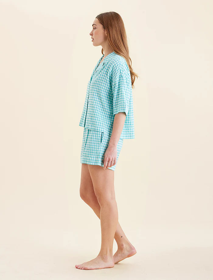 Seersucker Gingham Boxer PJ Set - Blue Turquoise