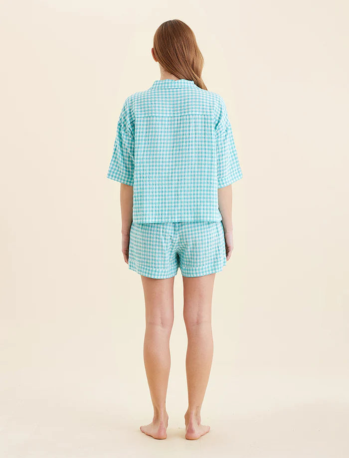 Seersucker Gingham Boxer PJ Set - Blue Turquoise
