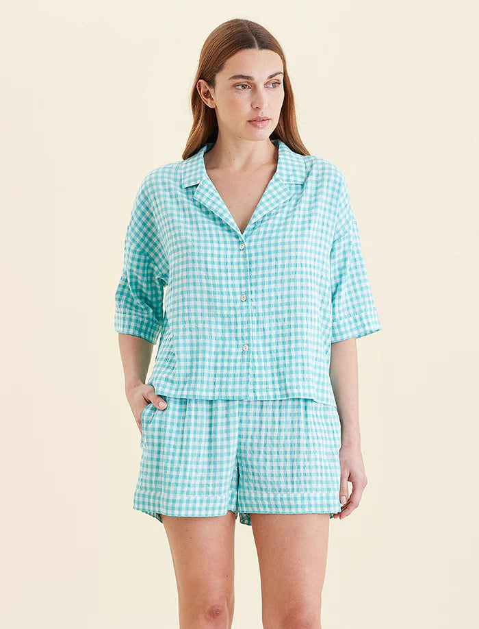 Seersucker Gingham Boxer PJ Set - Blue Turquoise