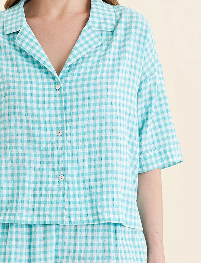 Seersucker Gingham Boxer PJ Set - Blue Turquoise