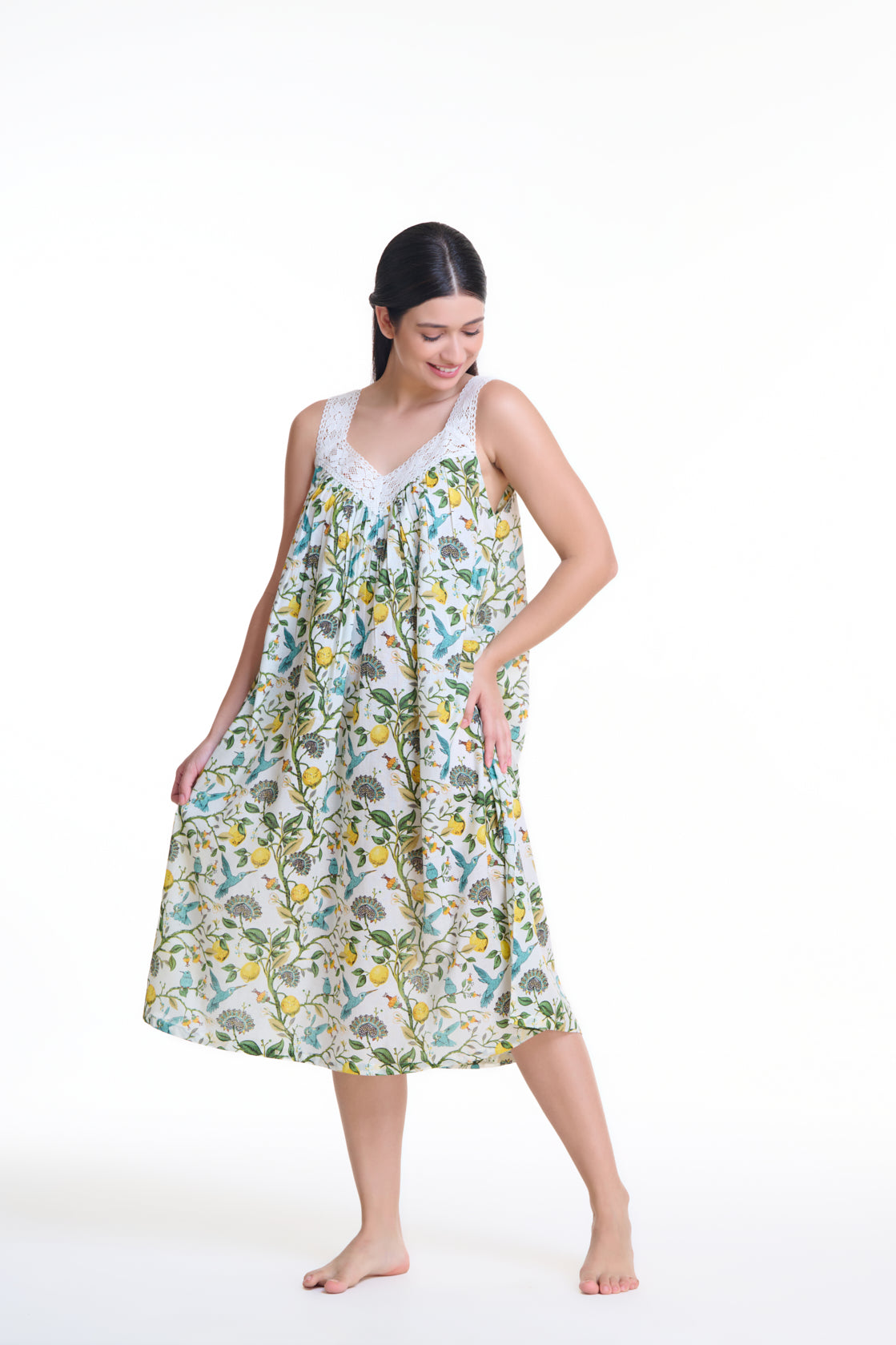 Cotton Lace Bodice Nightie - Floral Birds