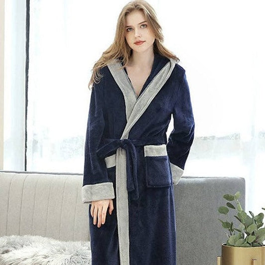 Hooded Cosy Robe - Navy with Grey Trim