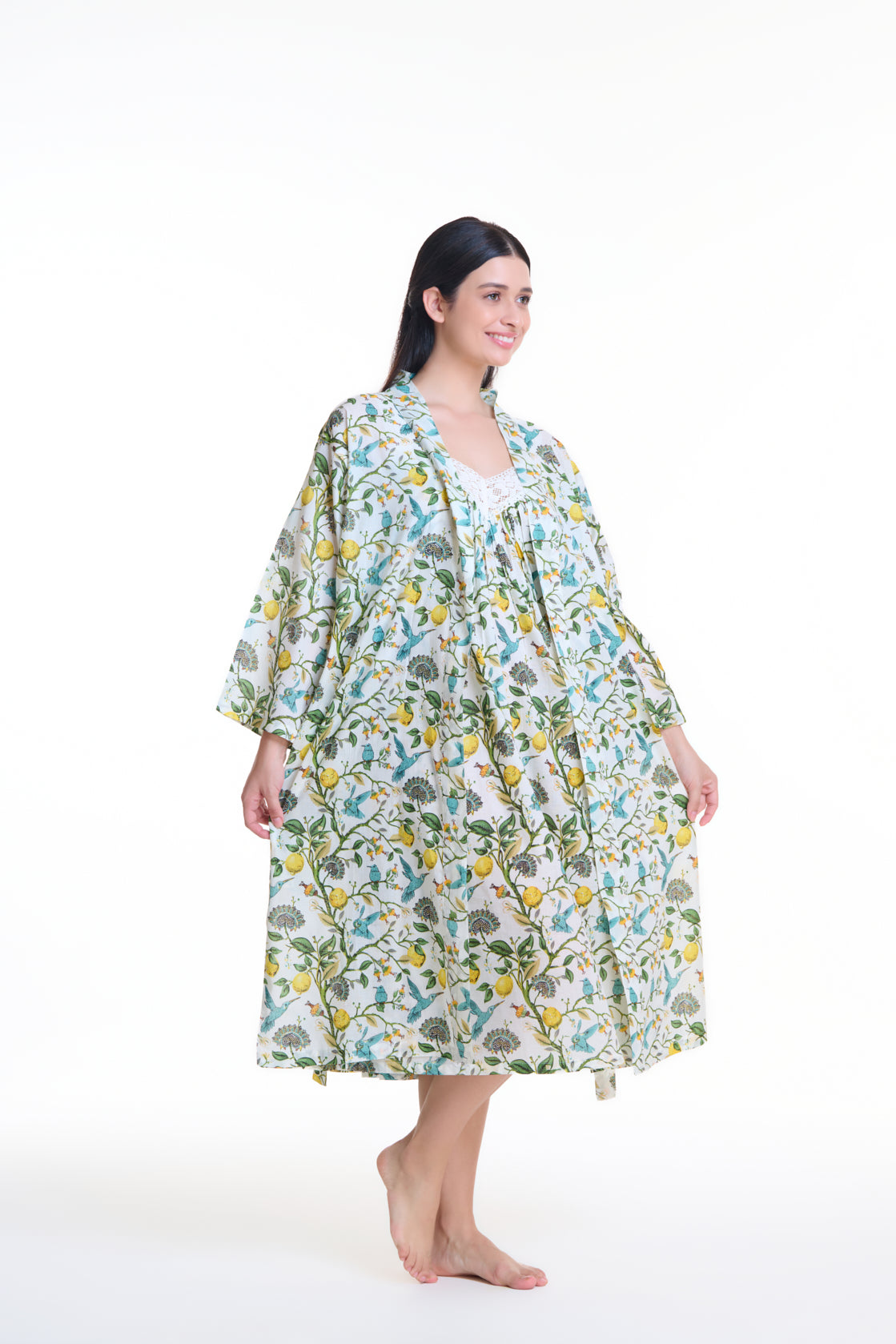 Cotton Wrap Robe - Floral Birds