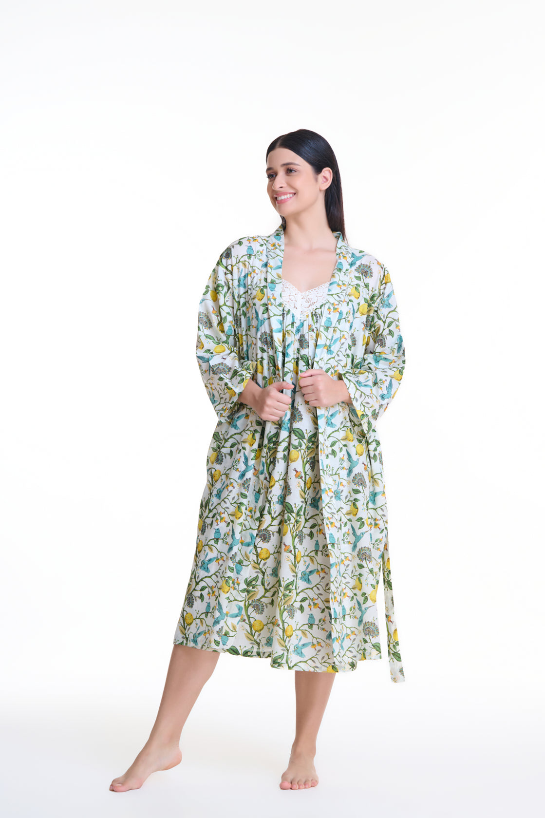 Cotton Wrap Robe - Floral Birds