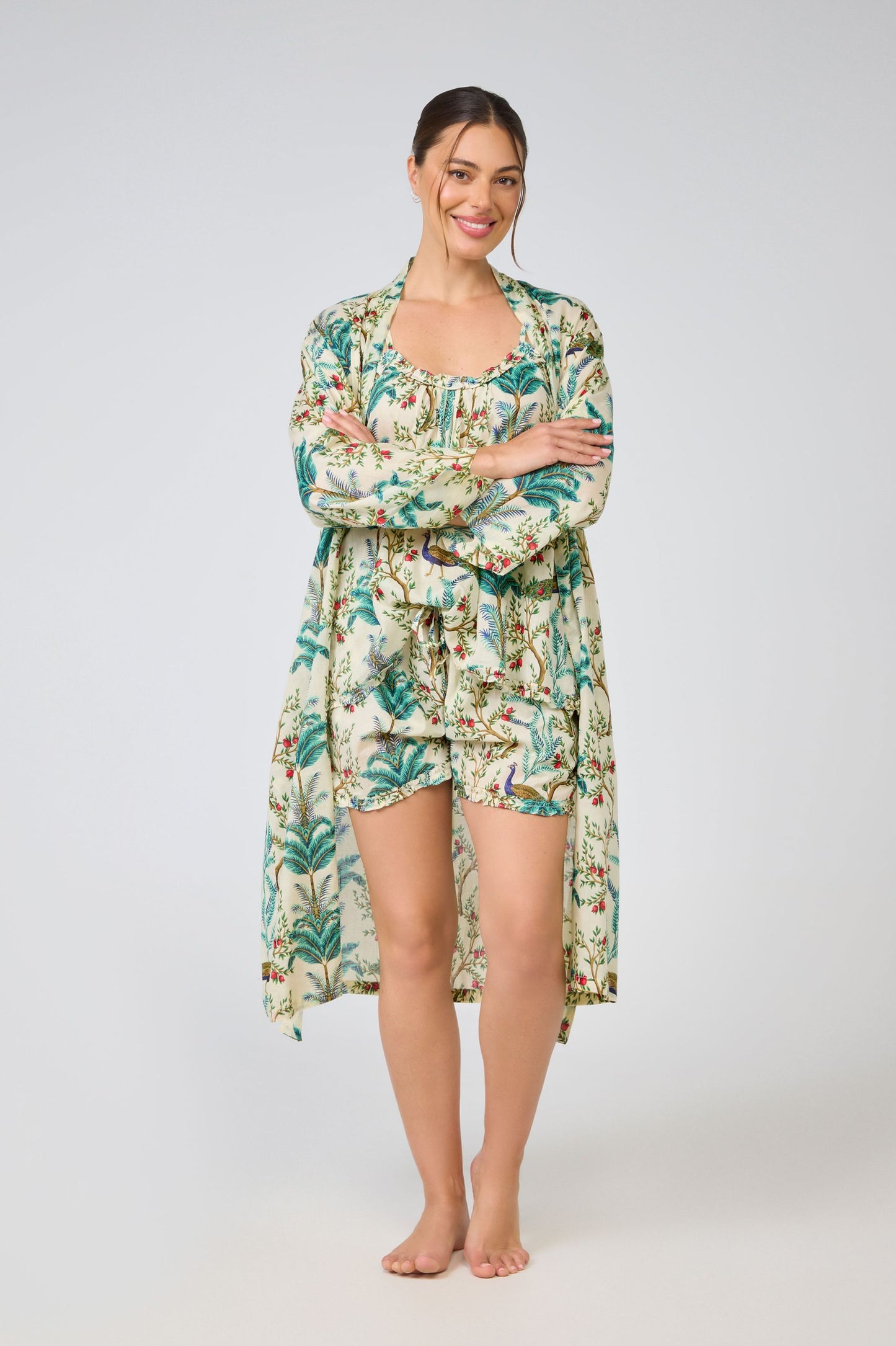Cotton Wrap Robe - Peacock Floral