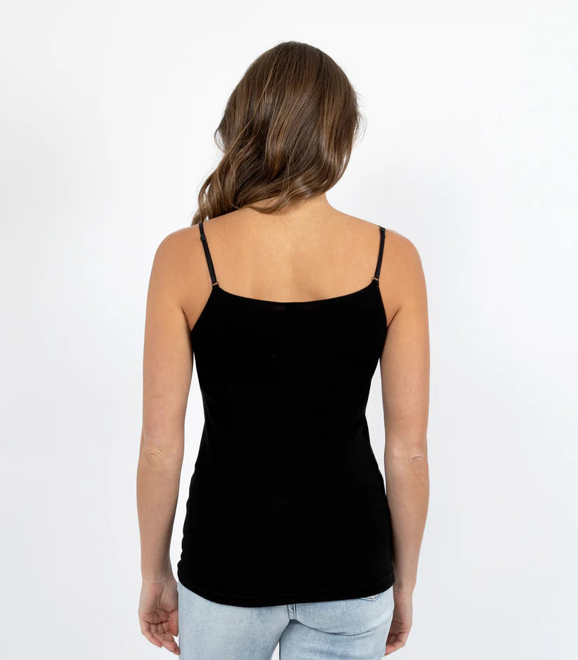Pure Merino Wool Camisole with Lace - Black