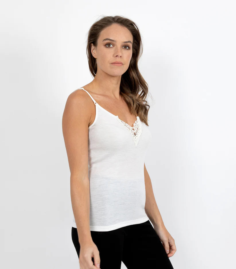 Pure Merino Wool Camisole with Lace - Ivory