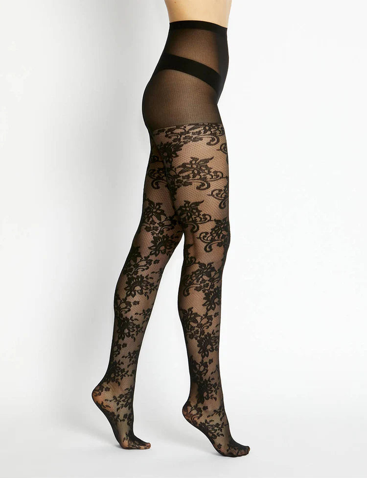 Francesca Floral Motif Tights - Black