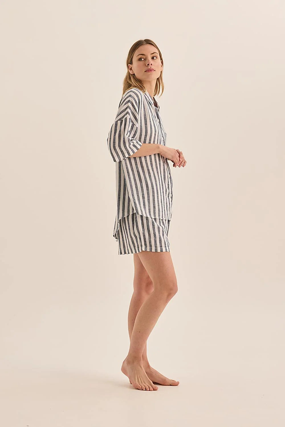Evie Linen Stripe PJ Set - Navy