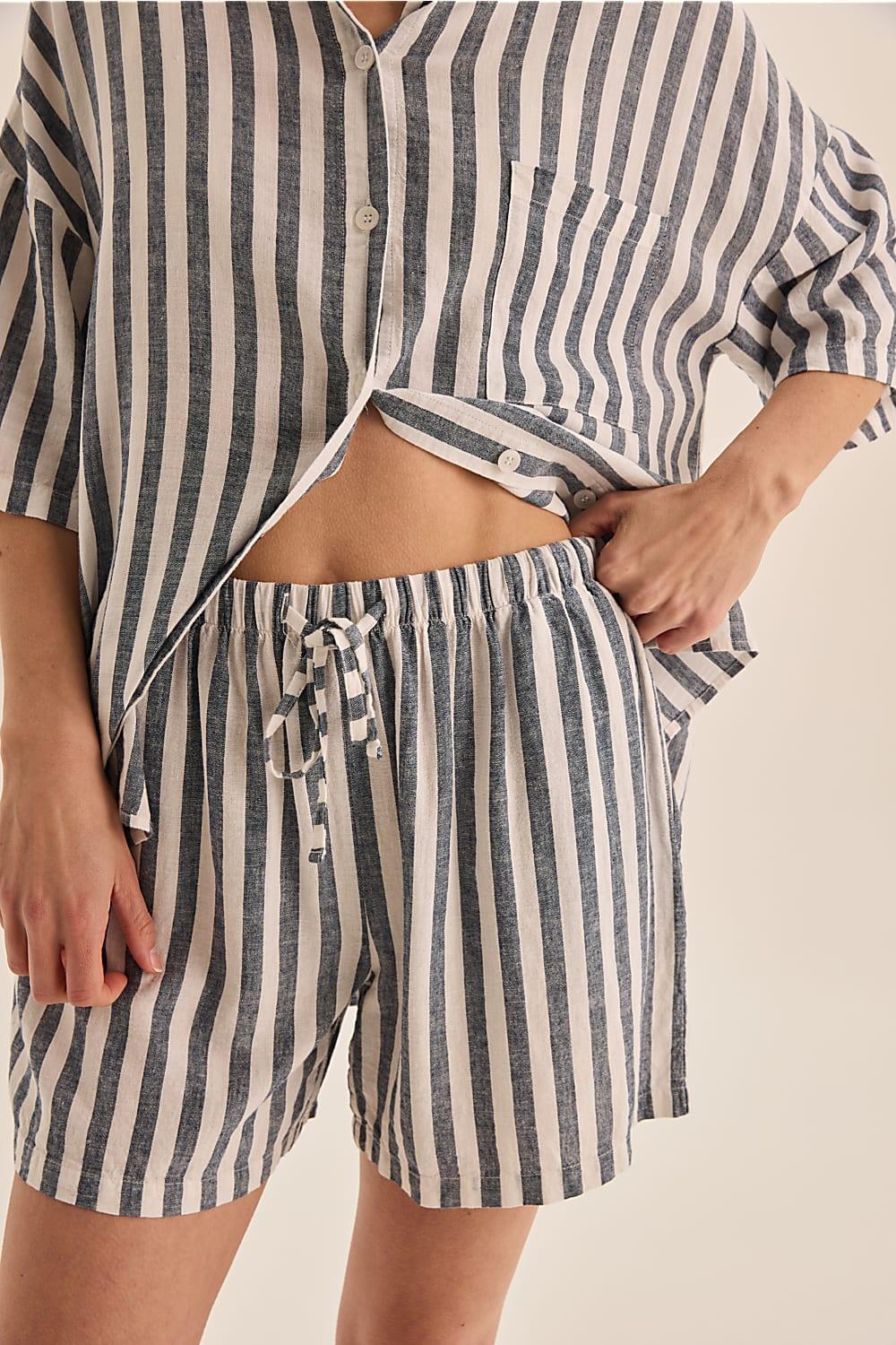 Evie Linen Stripe PJ Set - Navy