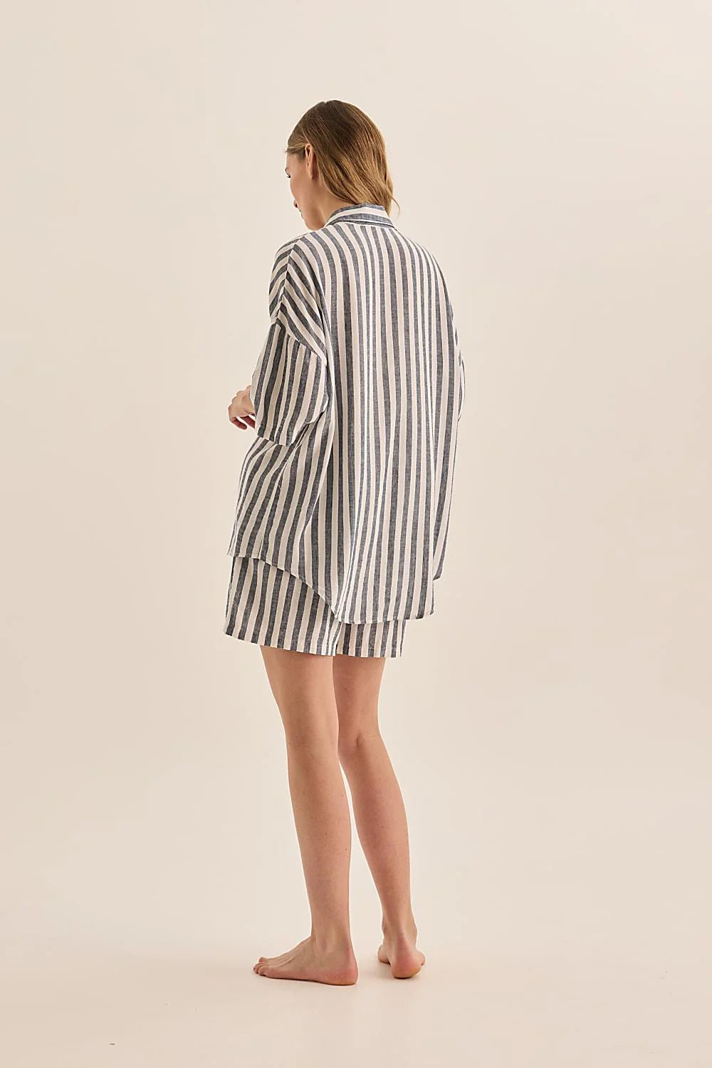 Evie Linen Stripe PJ Set - Navy