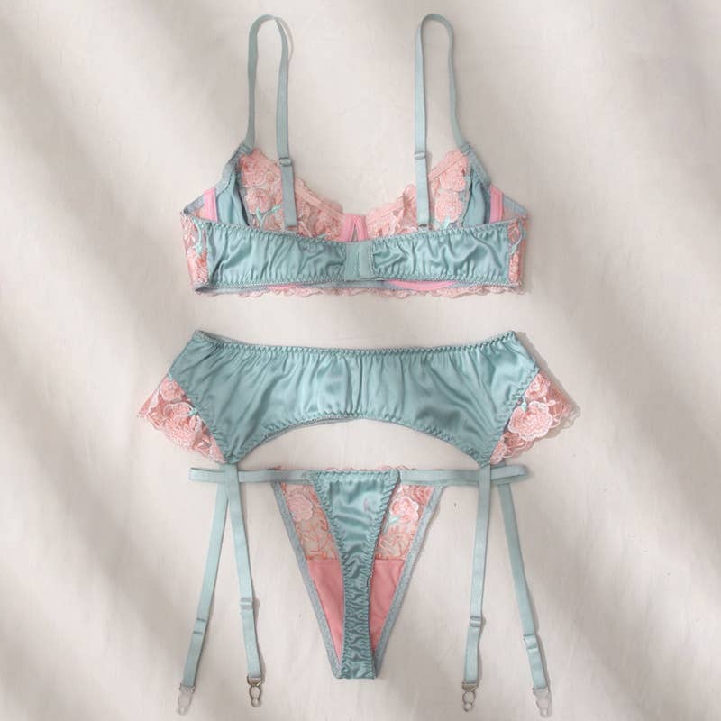 Embroidered Lace 3 Piece Lingerie Set - Lake Blue