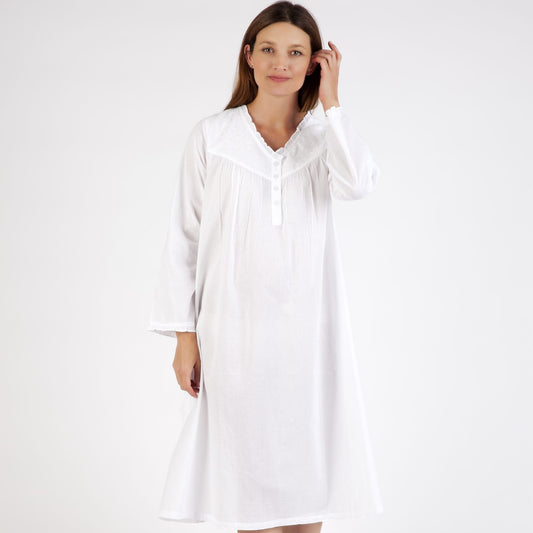 Cotton Long Sleeve Nightie - White