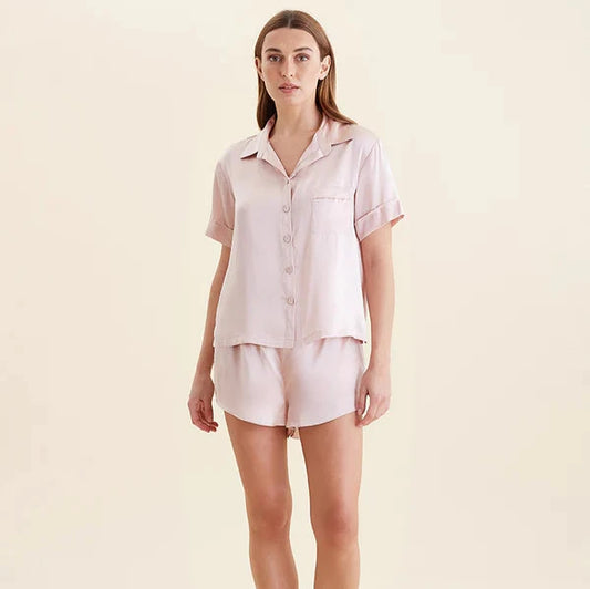 Audrey Mulberry Silk Boxer PJ Set - Papinelle Pink