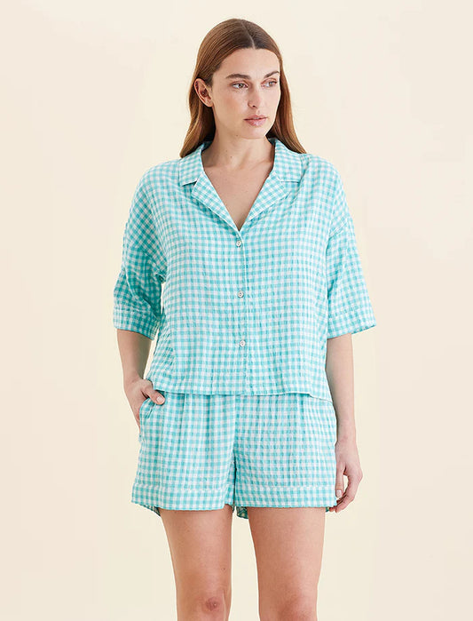 Seersucker Gingham Boxer PJ Set - Blue Turquoise