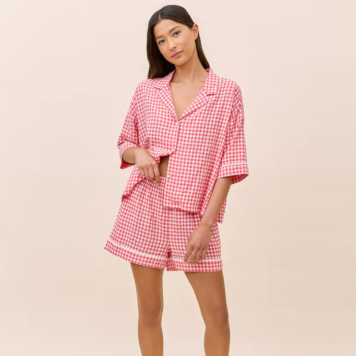 Seersucker Gingham Boxer PJ Set - Geranium