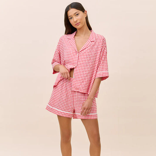 Seersucker Gingham Boxer PJ Set - Geranium