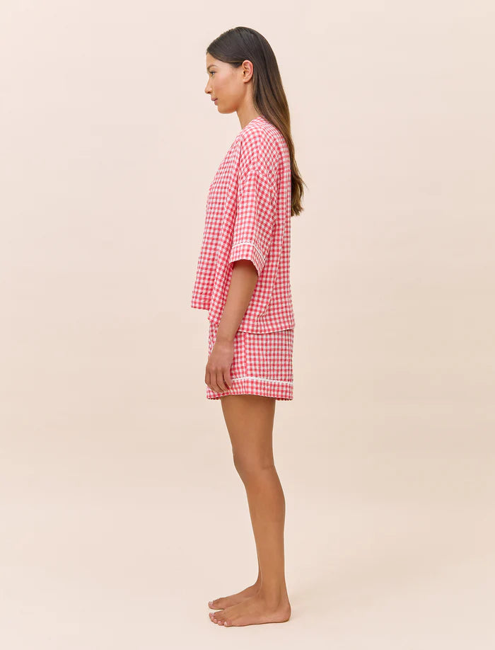 Seersucker Gingham Boxer PJ Set - Geranium