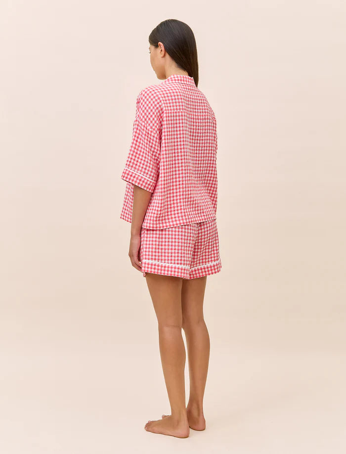 Seersucker Gingham Boxer PJ Set - Geranium