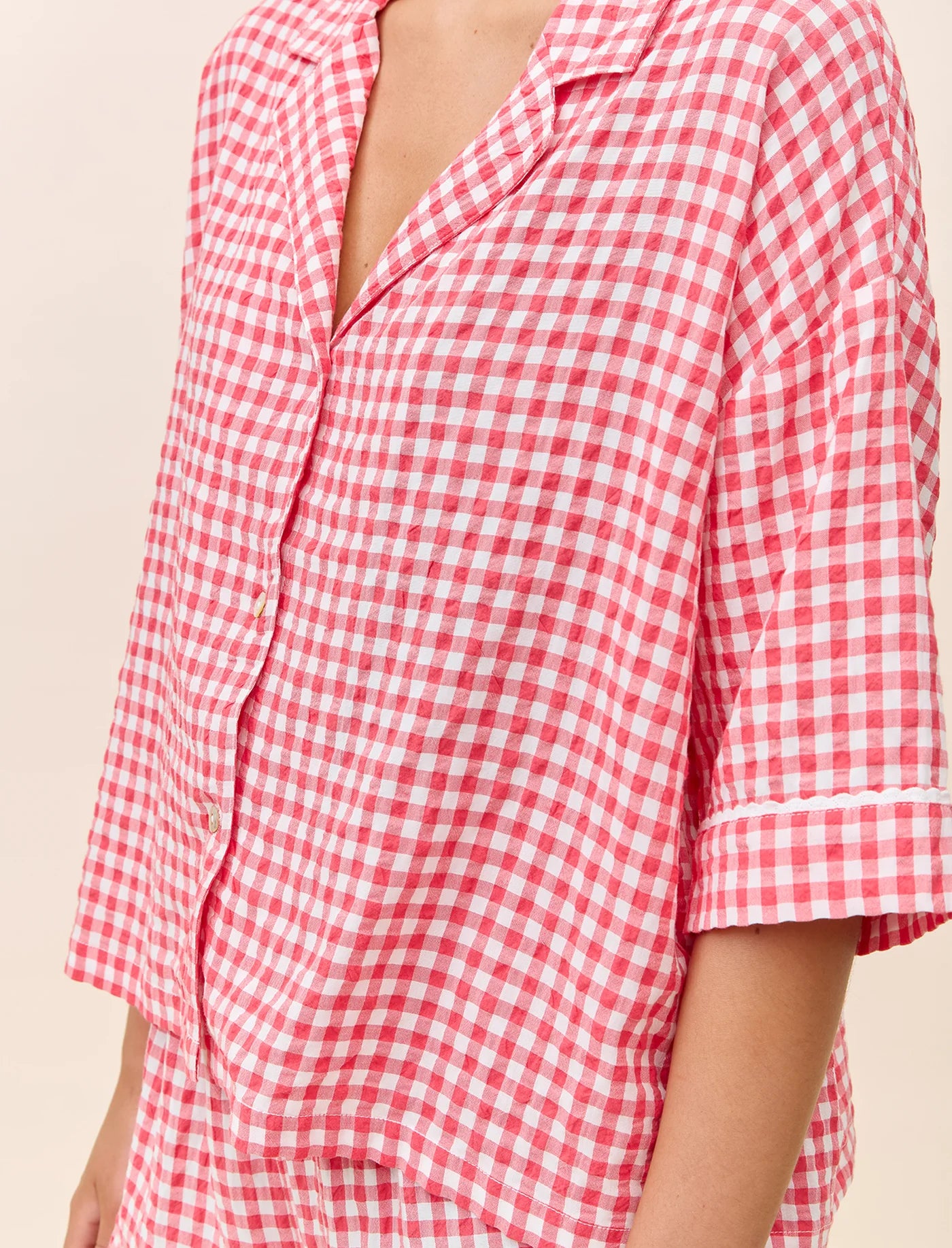 Seersucker Gingham Boxer PJ Set - Geranium