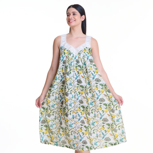 Woman wearing a floral dress on a white background