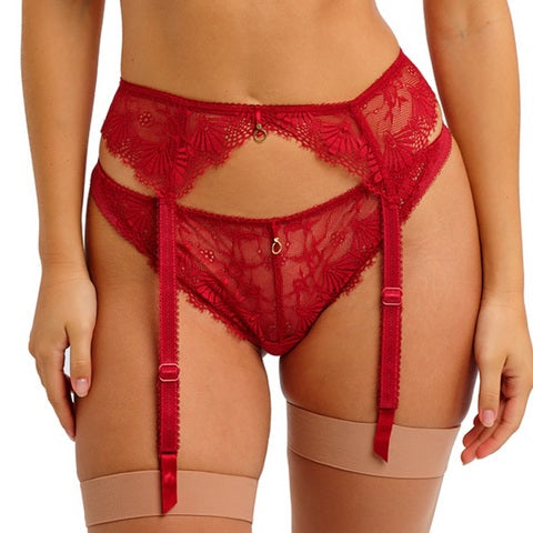 Red lace lingerie set with garter belt on a white background
