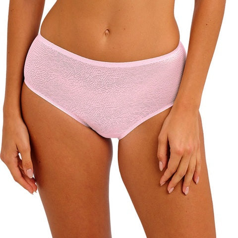 Pink bikini bottom worn by a person on a white background
