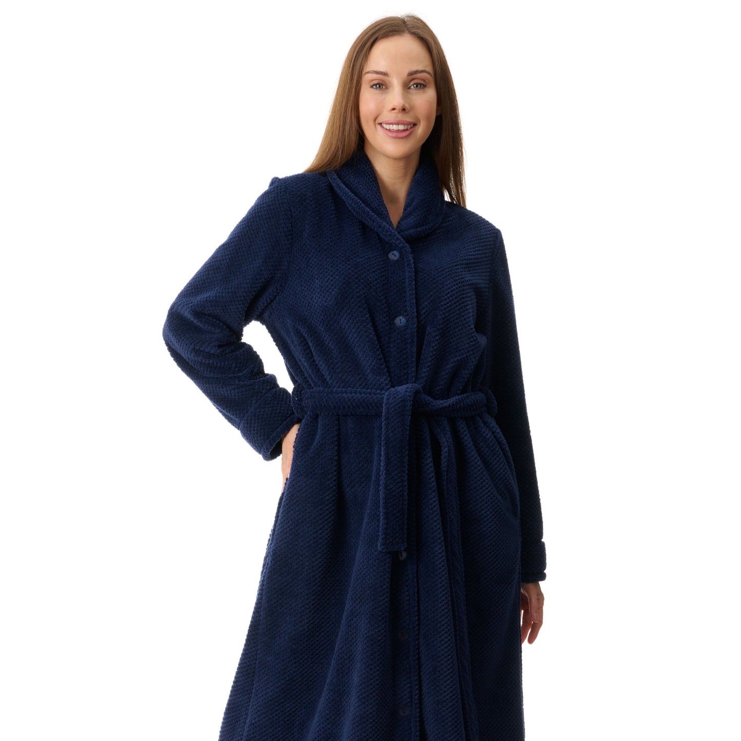 Button Down Robe with Belt - Navy