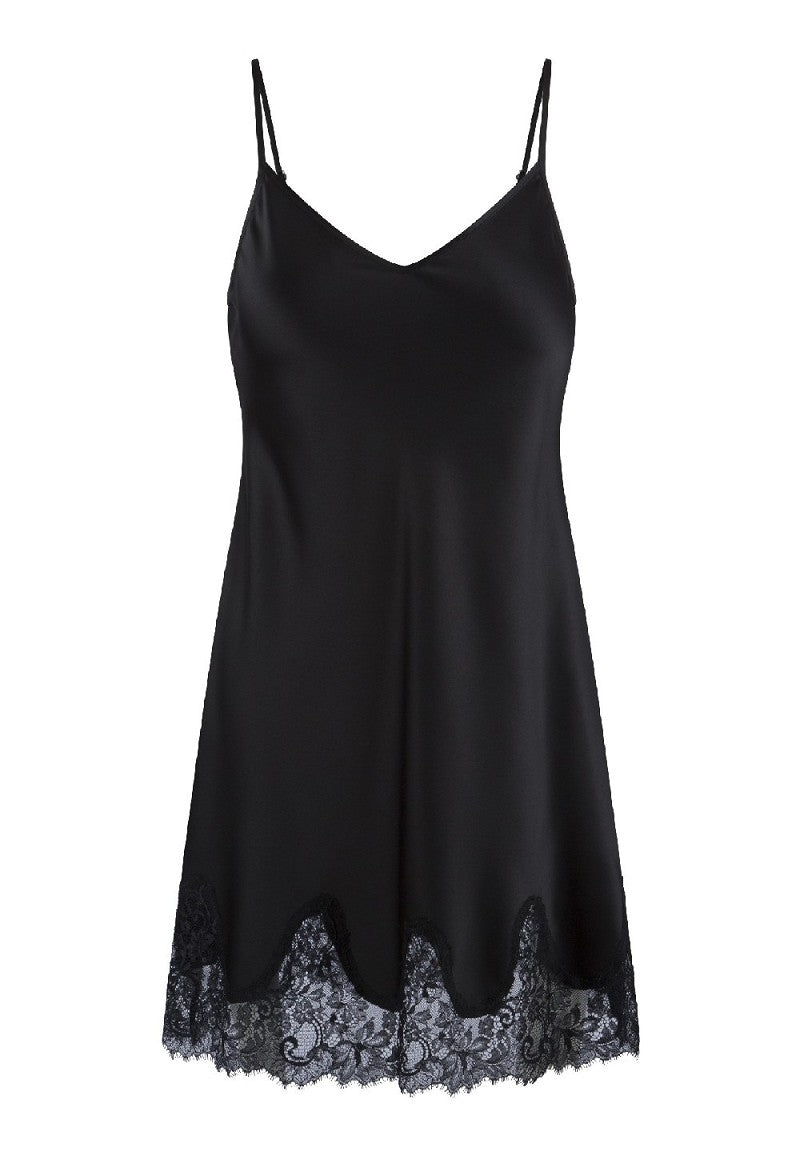 Short Satin & Lace Chemise - Black