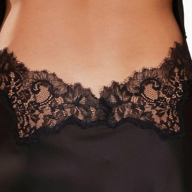 Long Satin & Lace Chemise - Black