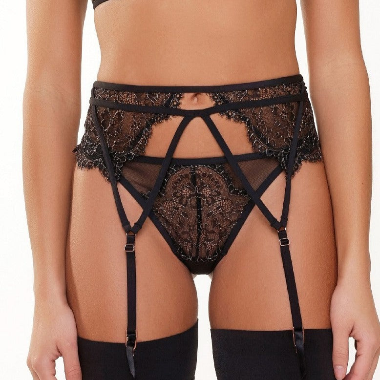 Lace & Lurex Thong - Black/Gold