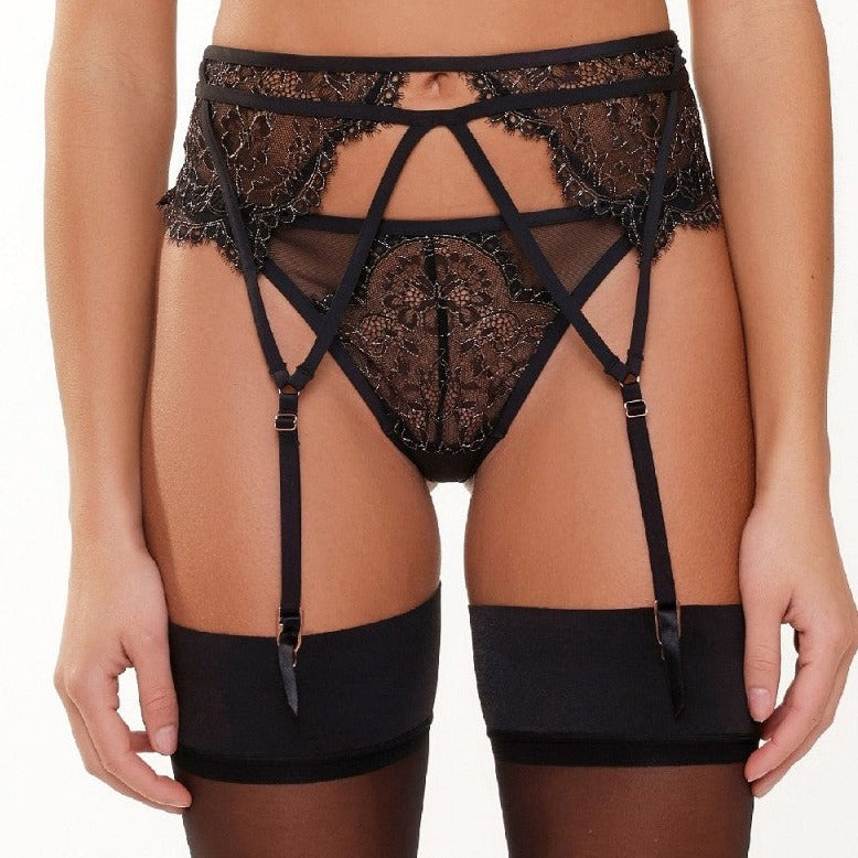 Lace & Lurex Suspender Belt - Black/Gold