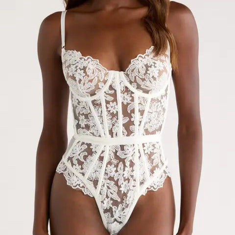 Embroidered Lace Bodysuit - White
