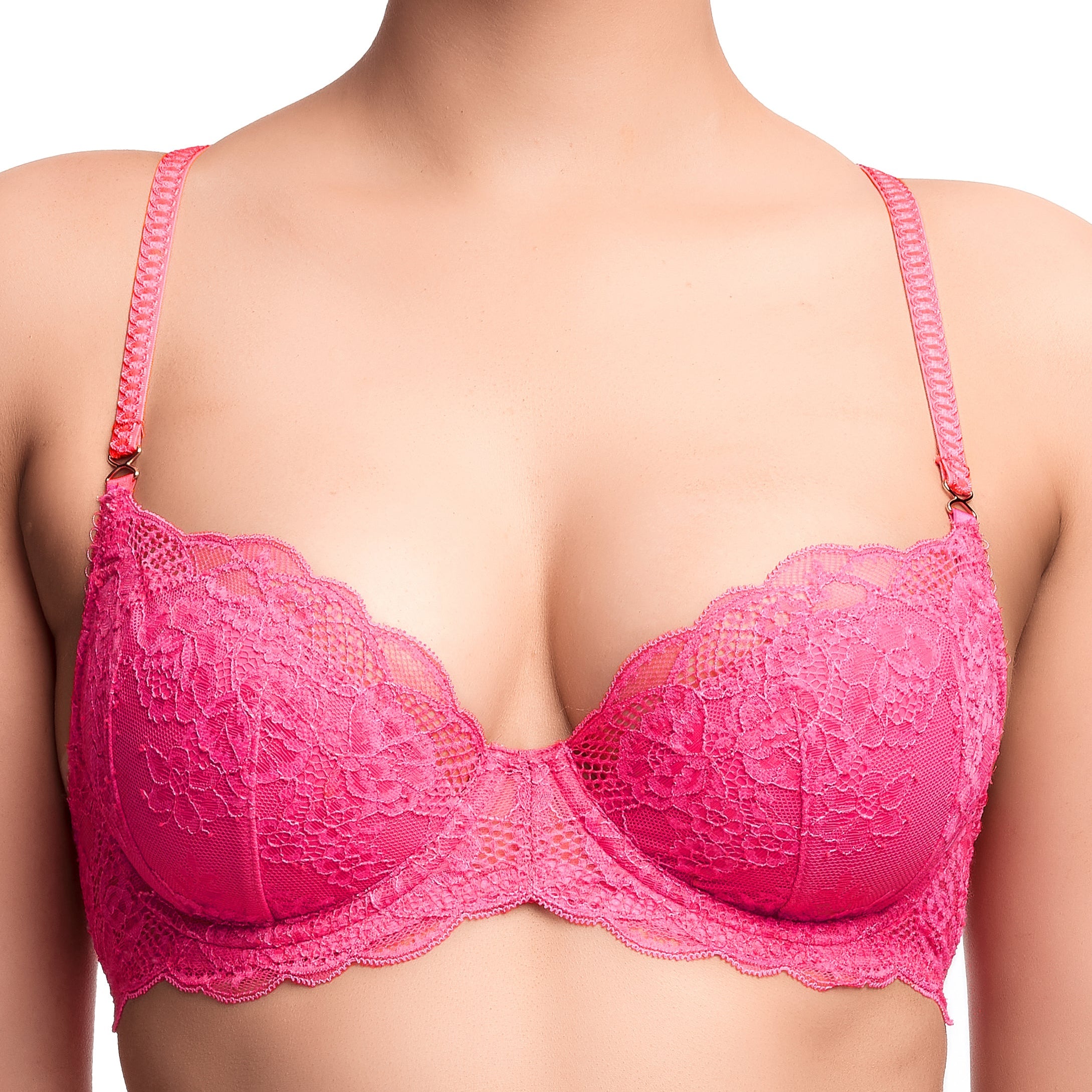 Pink lace bra on a white background