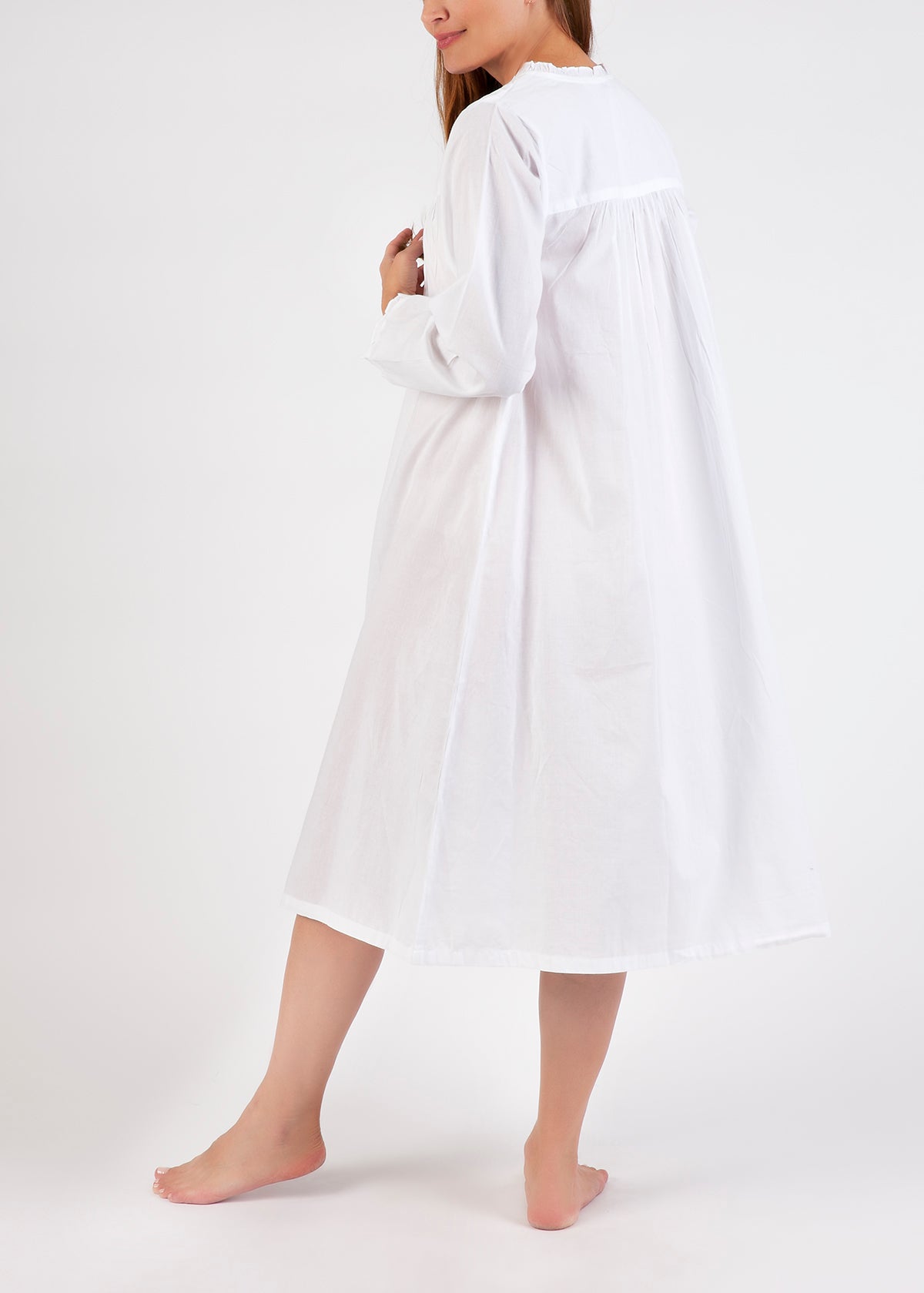 Cotton Long Sleeve Nightie - White