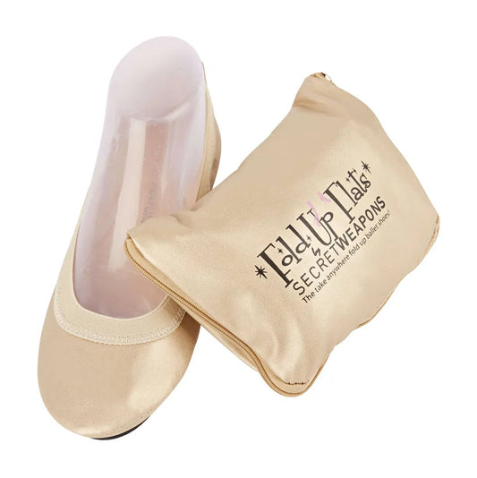 Beige ballet shoes with a matching bag on a white background