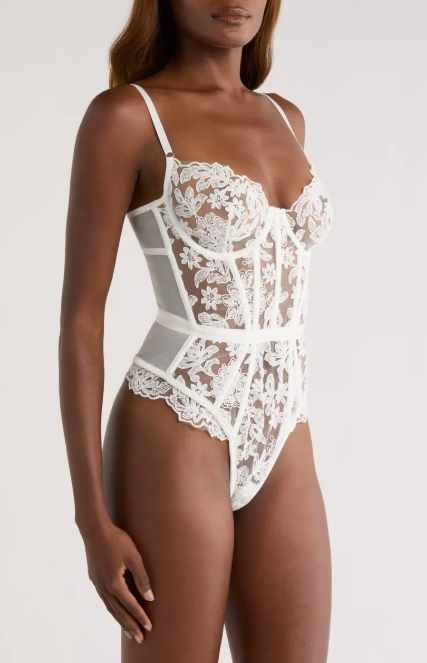 Embroidered Lace Bodysuit - White