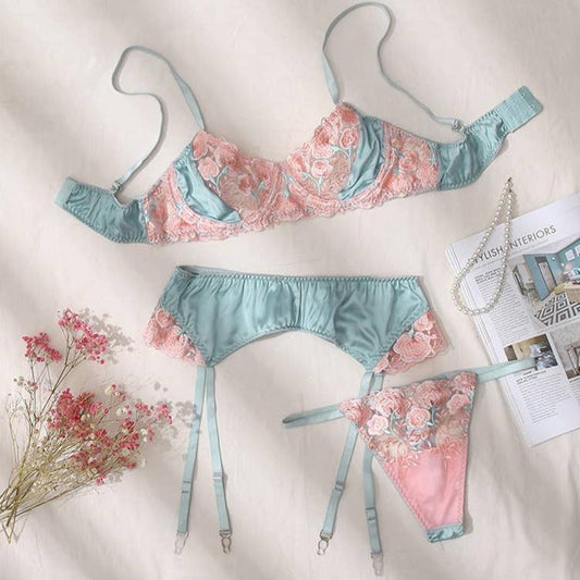 Embroidered Lace 3 Piece Lingerie Set - Lake Blue