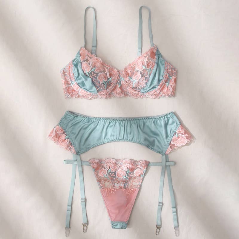 Embroidered Lace 3 Piece Lingerie Set - Lake Blue