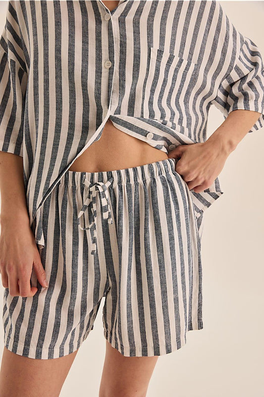 Evie Linen Stripe PJ Set - Navy