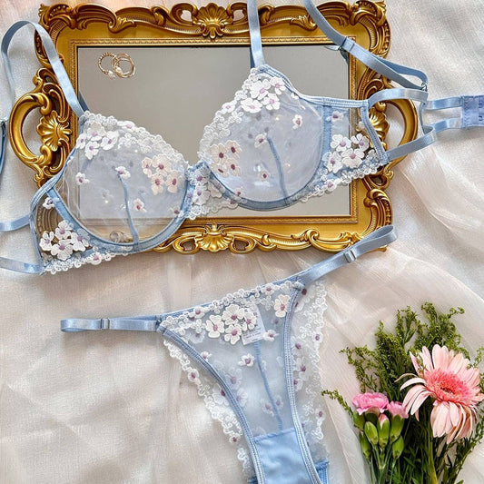 Embroidered Lingerie Set - Blue Floral